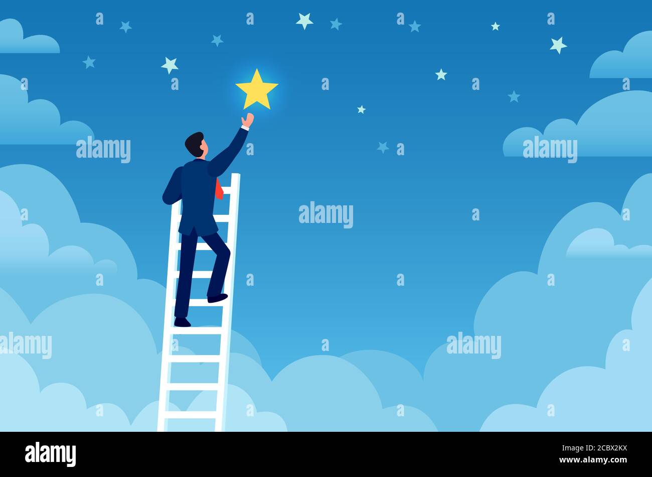 Businessman success. Man on ladder reaches stars on sky, achieve goals and dreams. Career up, leadership, creative flat vector concept Stock Vector