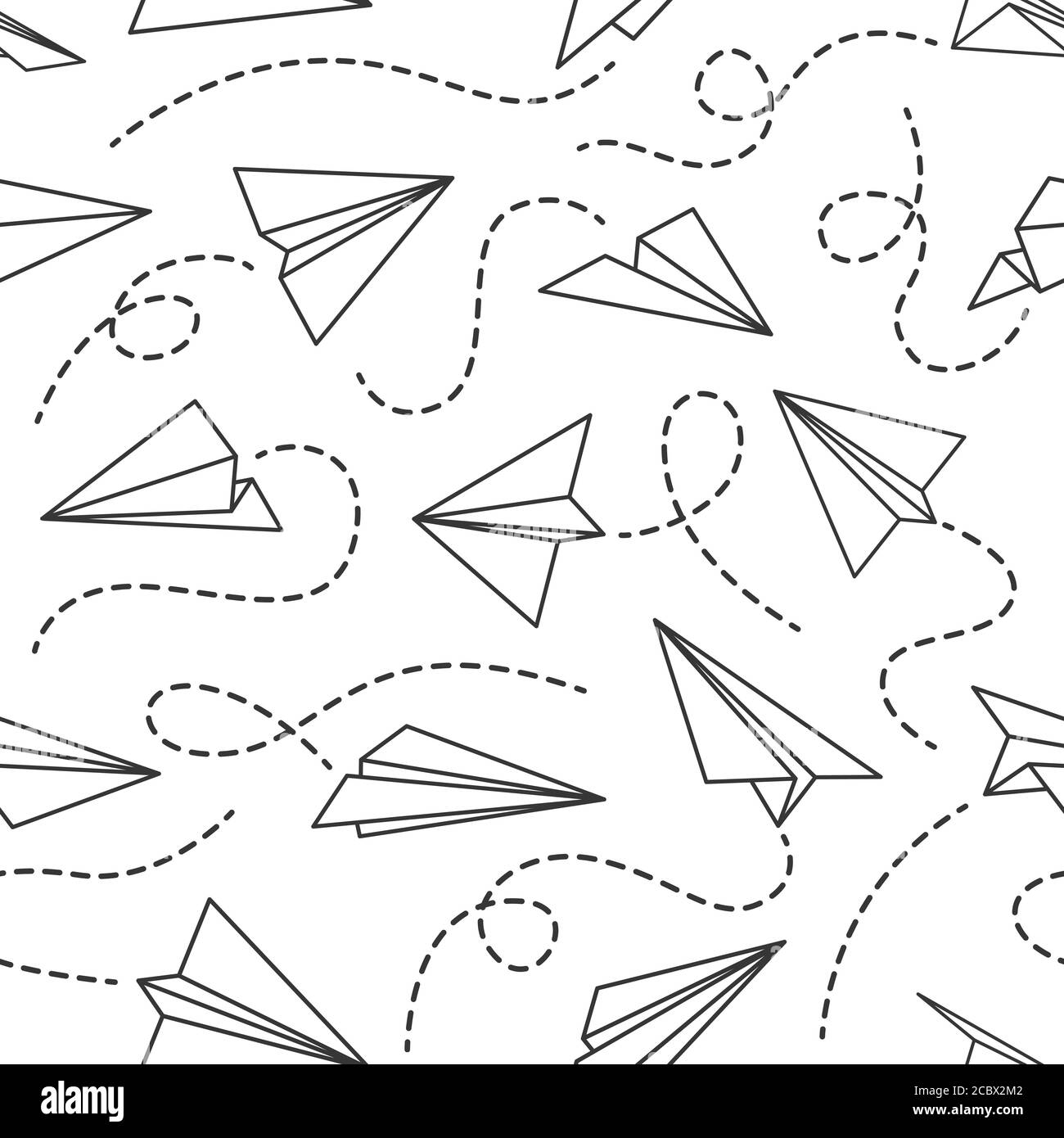 Line paper airplane seamless pattern. Flying planes from different direction with dotted line tracks, black drawing wallpaper vector texture Stock Vector