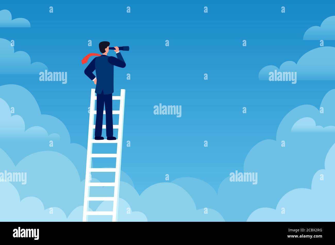 Business vision. Businessman stands on career ladder with telescope. Promotion, success new opportunities, visionary strategy vector concept Stock Vector