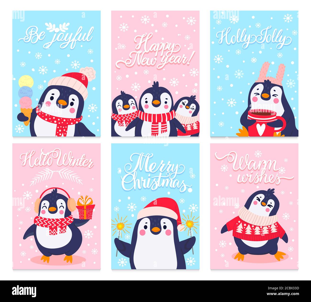 Penguin cards. Merry christmas greetings card with arctic animals in winter clothing and hats, cute penguins design holiday vector set Stock Vector