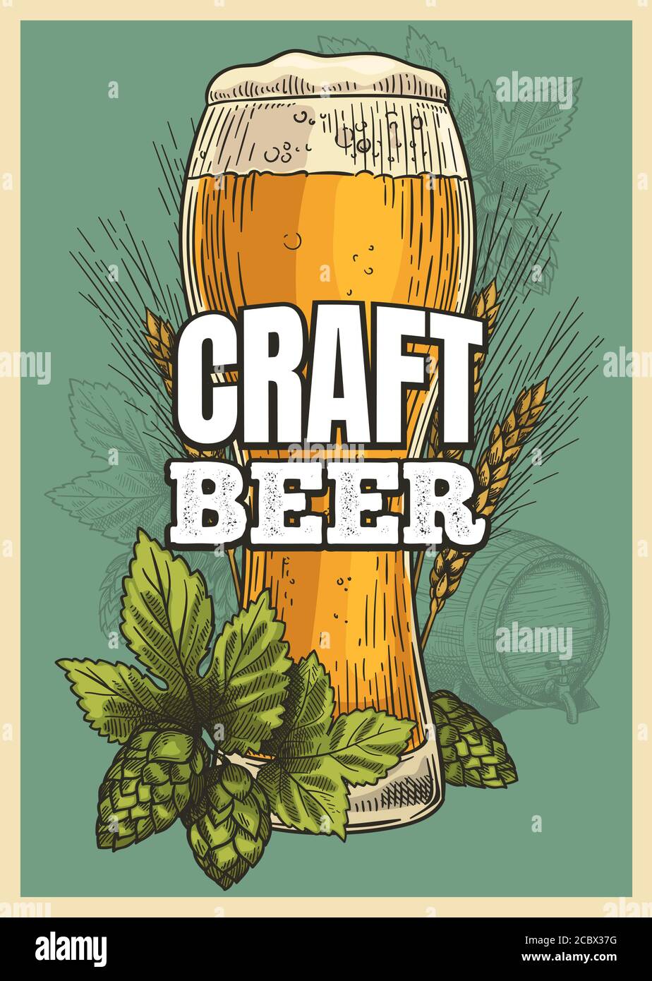 Beer poster. Beer glass, hop barley vintage style for invitation oktoberfest party or pub menu, sketch vector background Stock Vector