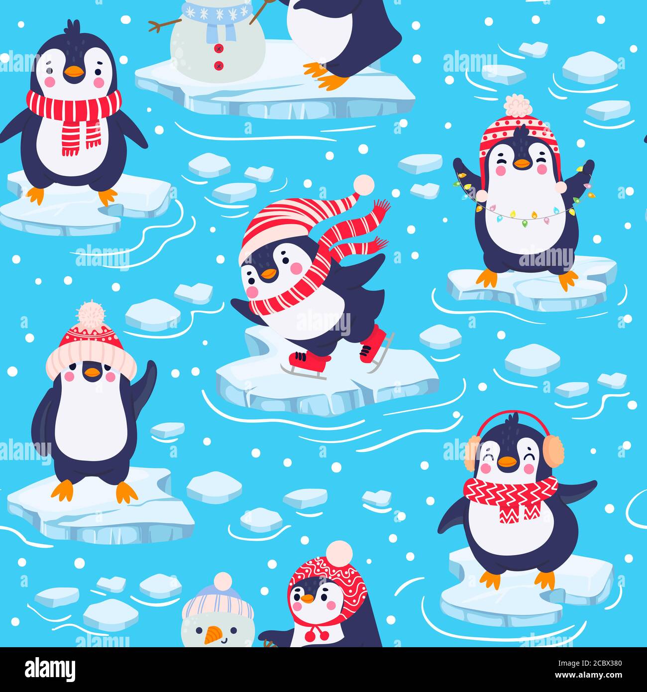 Penguins seamless pattern. Cute baby penguins in winter clothing and hats,  christmas arctic animal, kids textile or wallpaper vector texture Stock  Vector Image & Art - Alamy