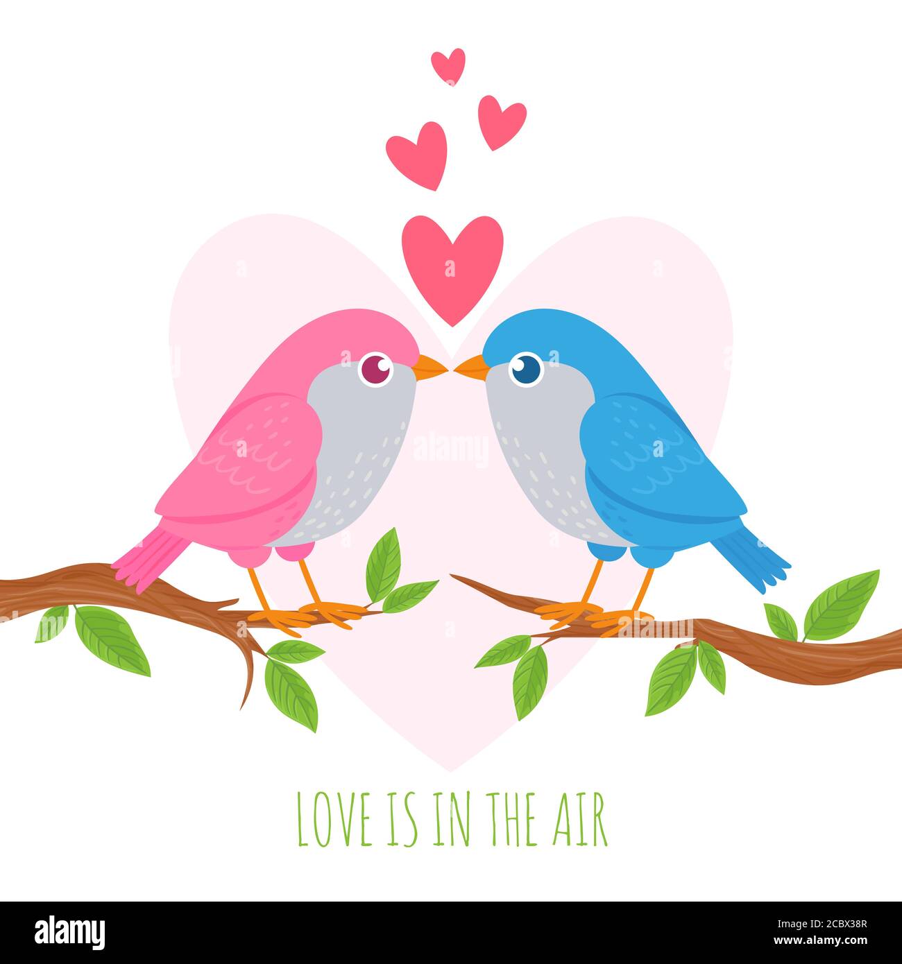 Bird love. Cute birds lovers on branch, romance couple, wedding ...