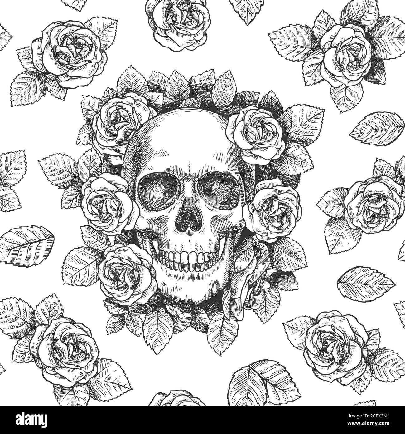 Skull with flowers. Sketch skulls with roses gothic artwork, repeat graphic print wallpaper, textile texture seamless vector pattern Stock Vector