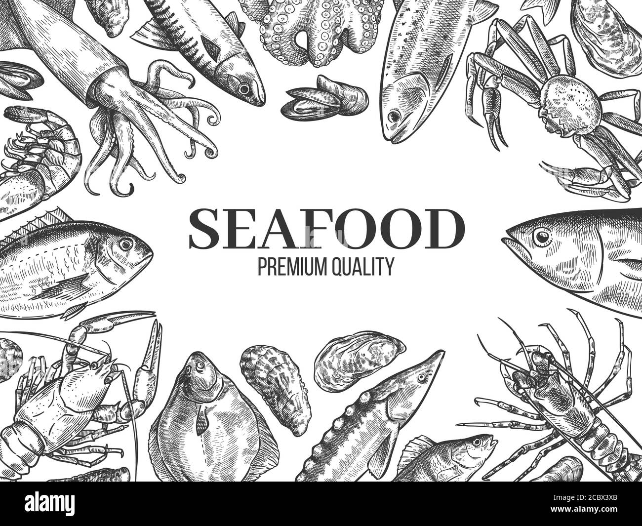 Sketch seafood. Hand drawn fresh fish, lobster, crab, oyster, mussel, squid and shrimps, vintage sketch restaurant menu vector background Stock Vector