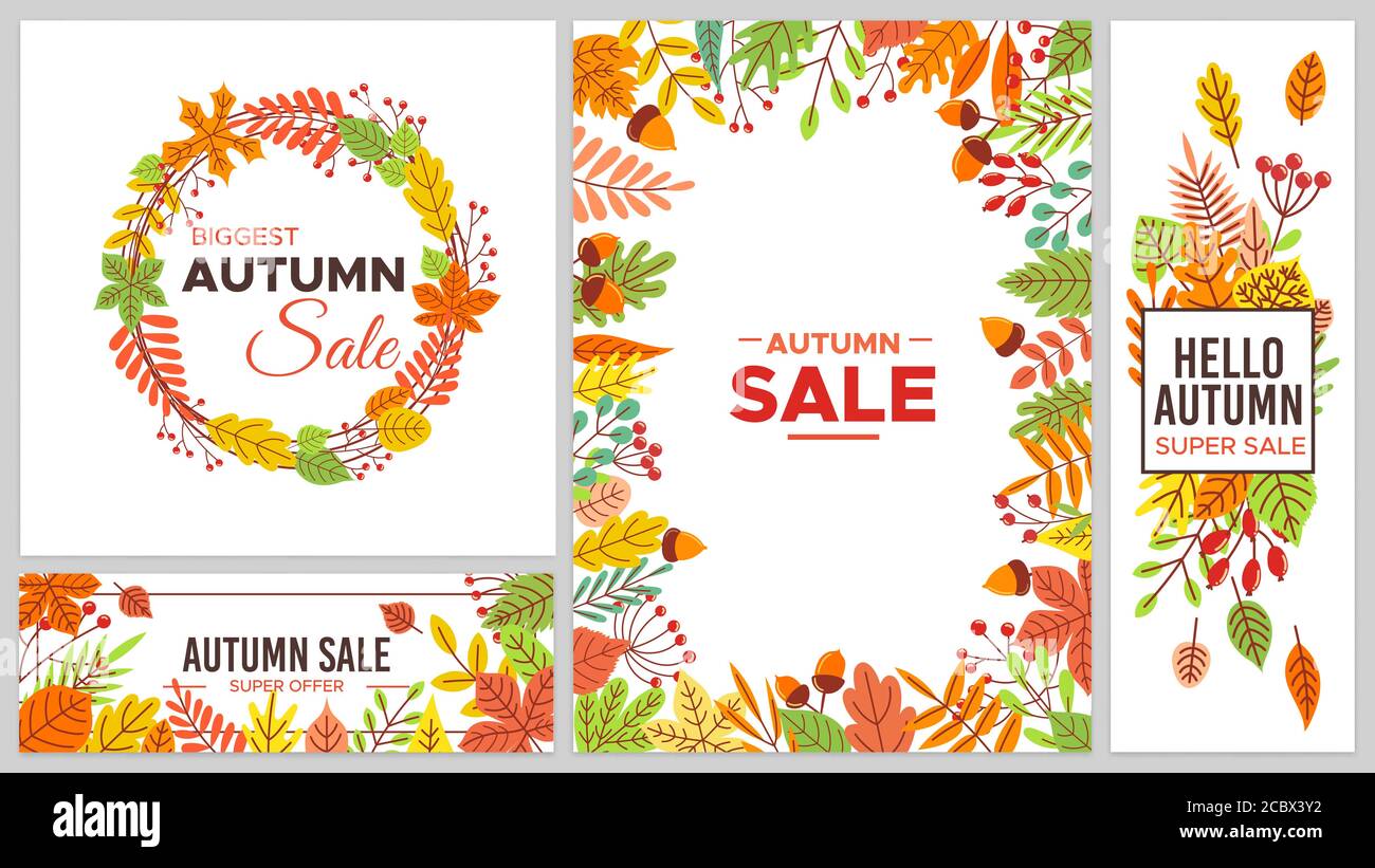 Autumn sale banners. Colorful fall leaves, seasonal discount. Tree foliage as maple and chestnut leaf, acorn Stock Vector