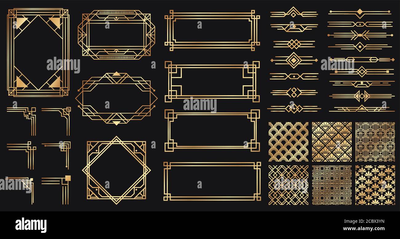 Art deco elements set. Creative golden borders and frames. Dividers and headers for luxury or premium design Stock Vector