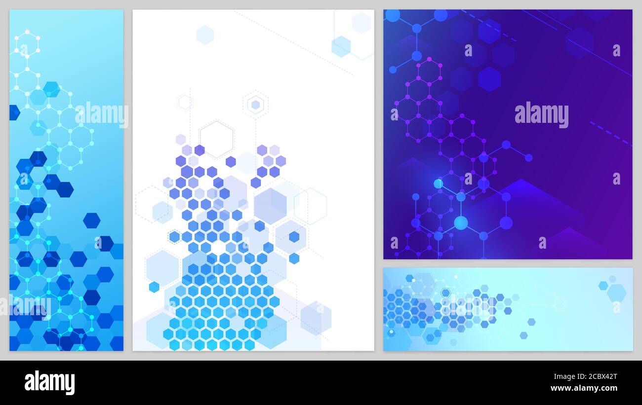 Molecular structure banners set. Connecting lines and dots, hexagons abstract tech background. Science network Stock Vector
