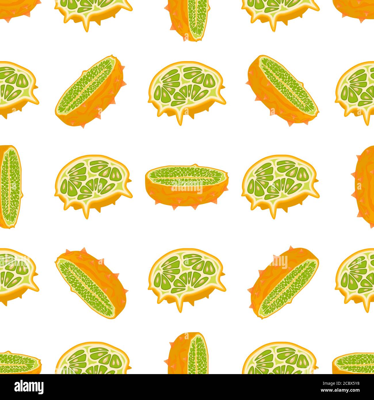 Illustration on theme big colored seamless kiwano, bright fruit pattern for seal. Fruit pattern consisting of beautiful seamless repeat kiwano. Simple Stock Vector