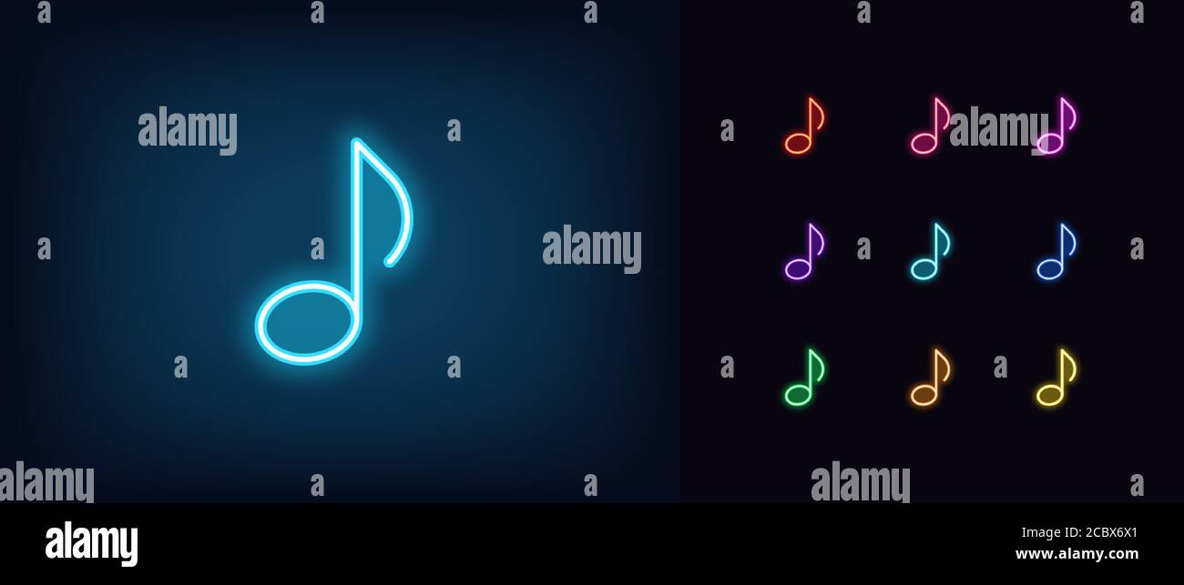 Neon music note icon. Glowing neon note sign, melody in vivid colors. Music festival, radio show, musical evening, karaoke, audio record. Icon set, si Stock Vector