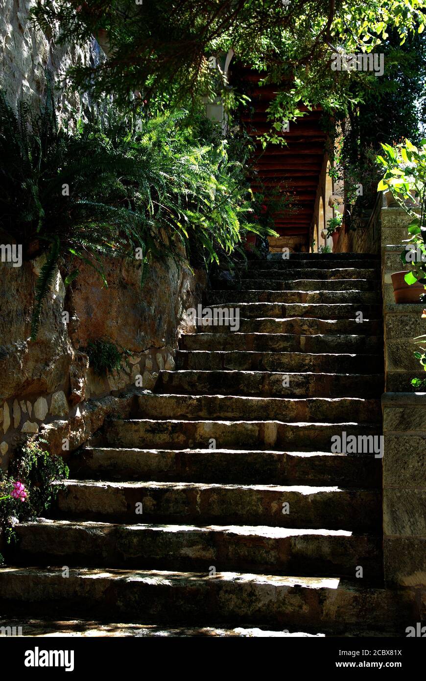 Mediterranean garden courtyard with natural stone wall and staircase ...