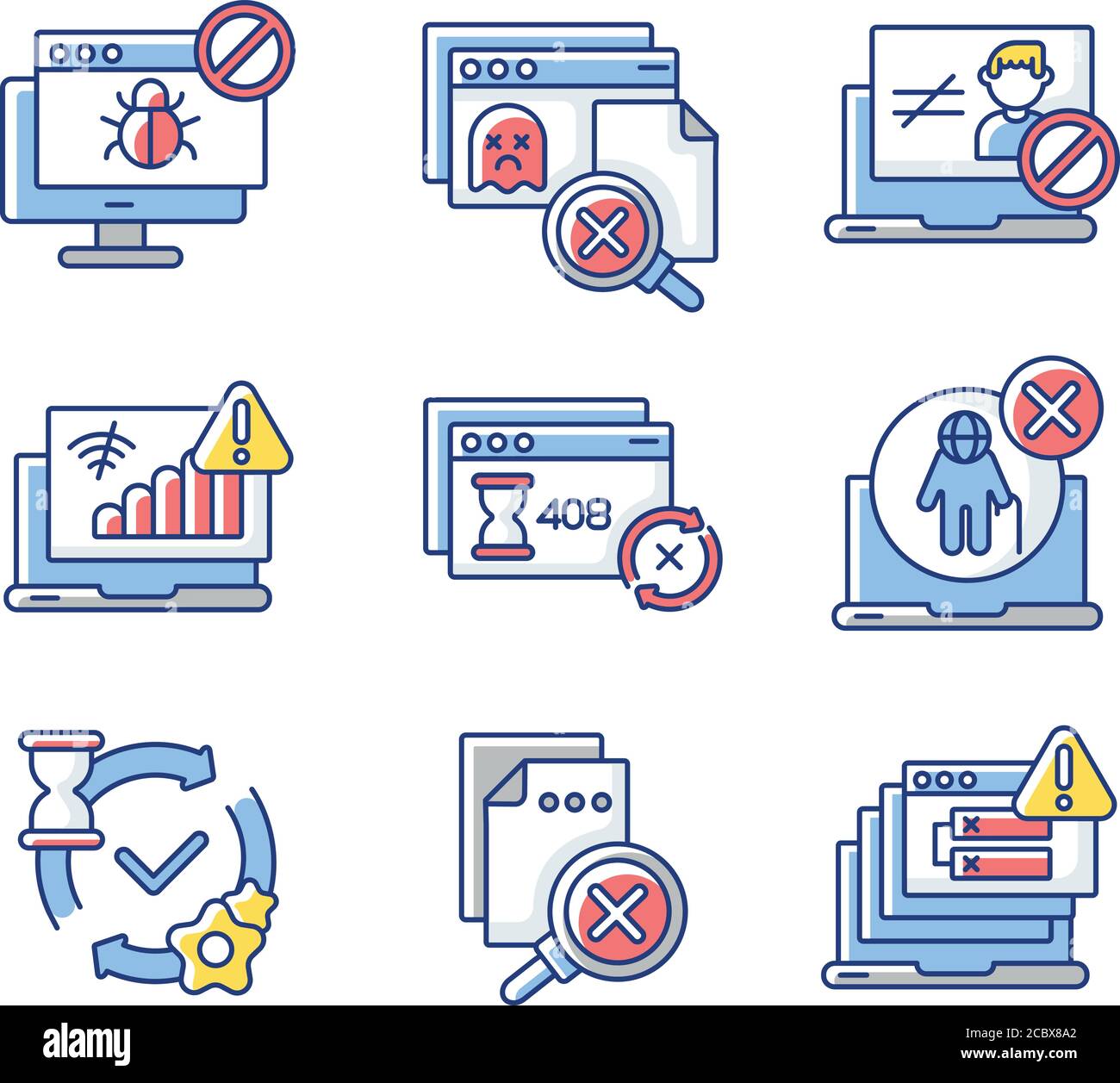 Internet connection RGB color icons set. Various web pages errors and notifications. Different network status, website messages. Isolated vector illus Stock Vector