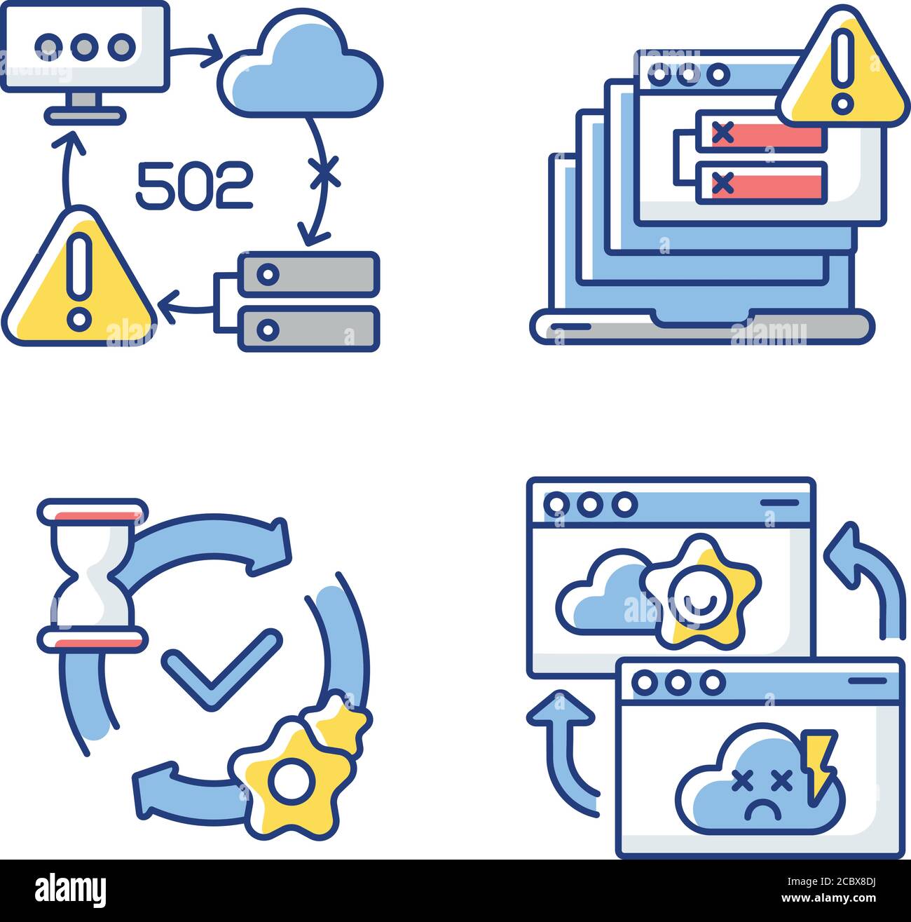 Network notifications RGB color icons set. 502 bad gateway, internal server error, permanent redirect and request processing messages. Isolated vector Stock Vector