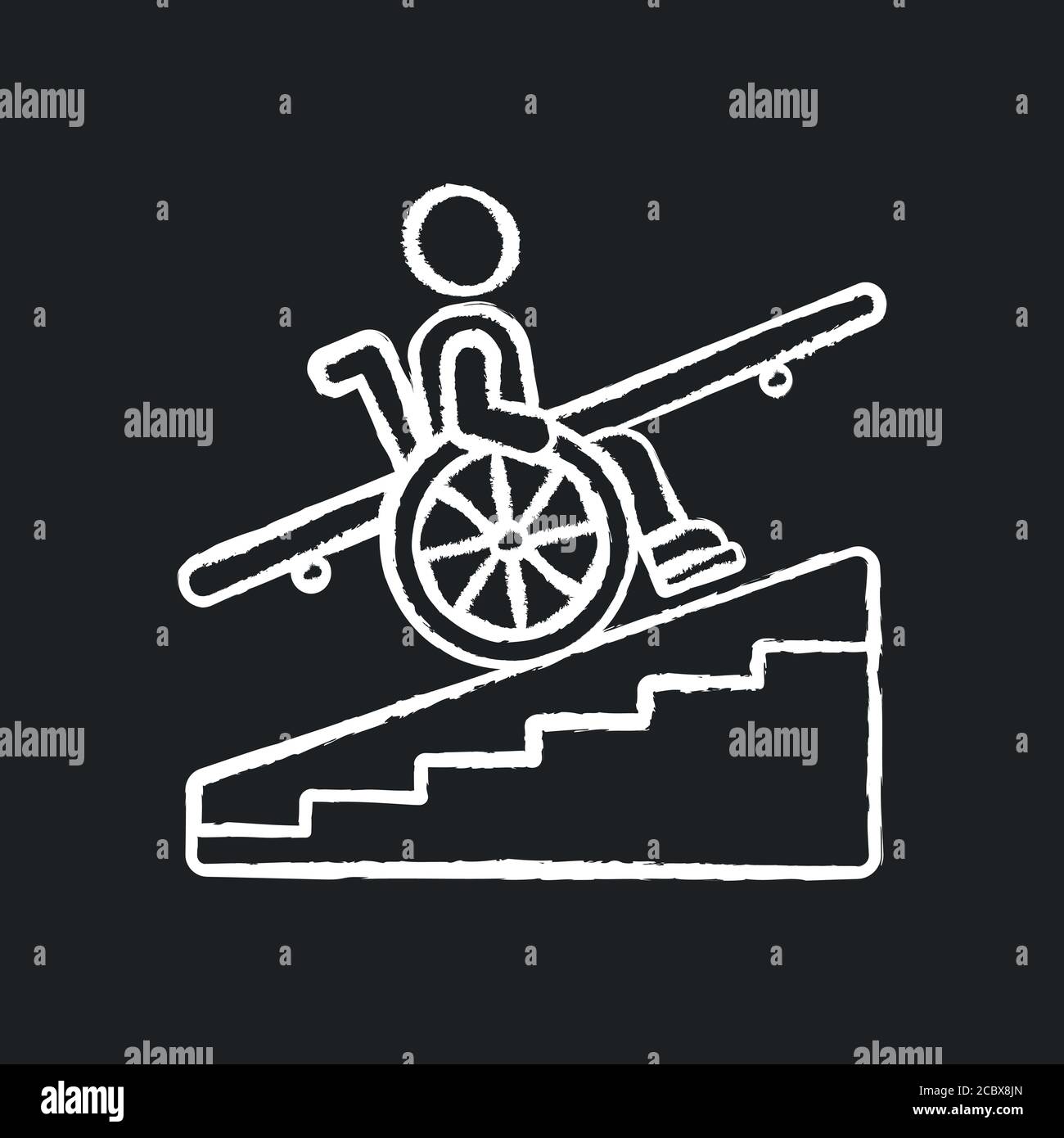 Step free access chalk white icon on black background. Wheelchairs and strollers access. Avoiding stairs. Accessible transportation. City infrastructu Stock Vector