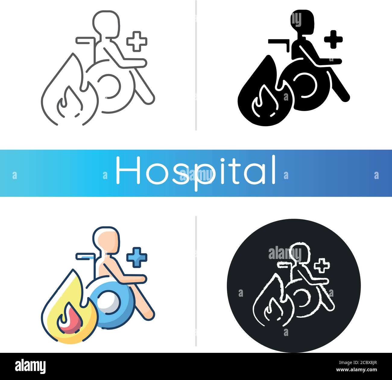 Burn center icon. Burn unit. Patient with burns treatment and recovery