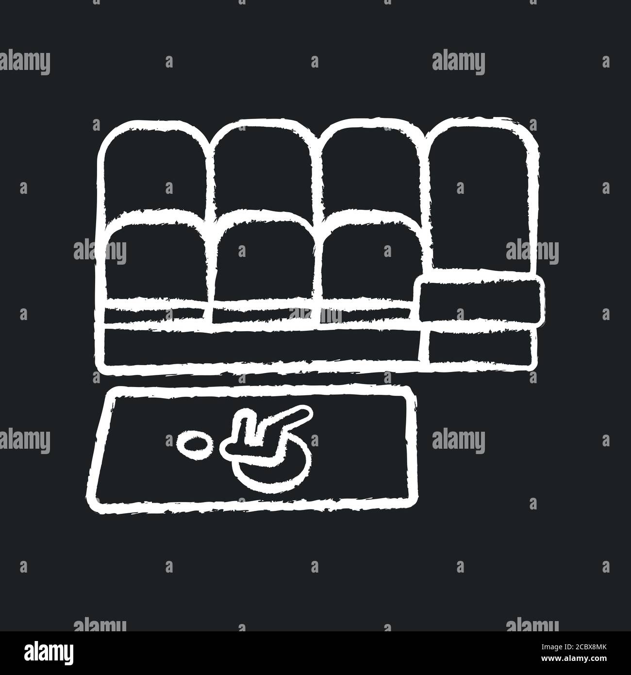 Accessible seating chalk white icon on black background. Accessible seats for disabled people. Public transport services. Modern city infrastructure. Stock Vector