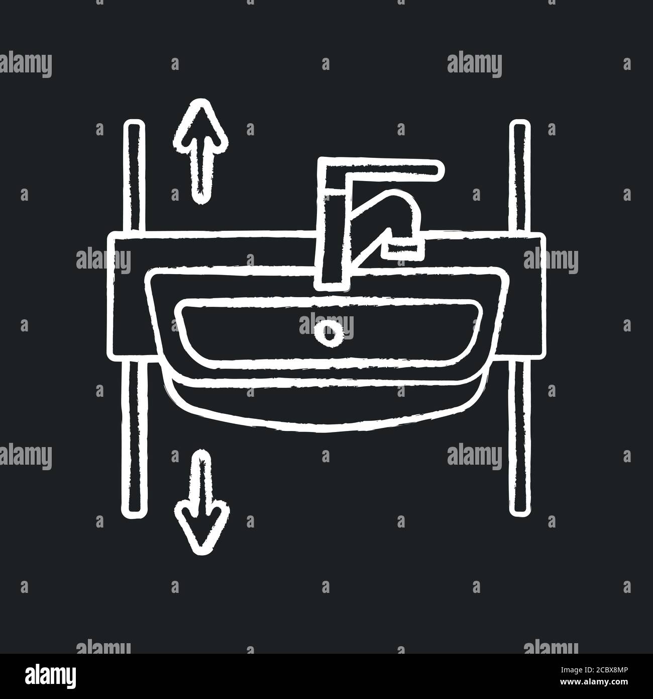 Adjustable height sink chalk white icon on black background. Rise and