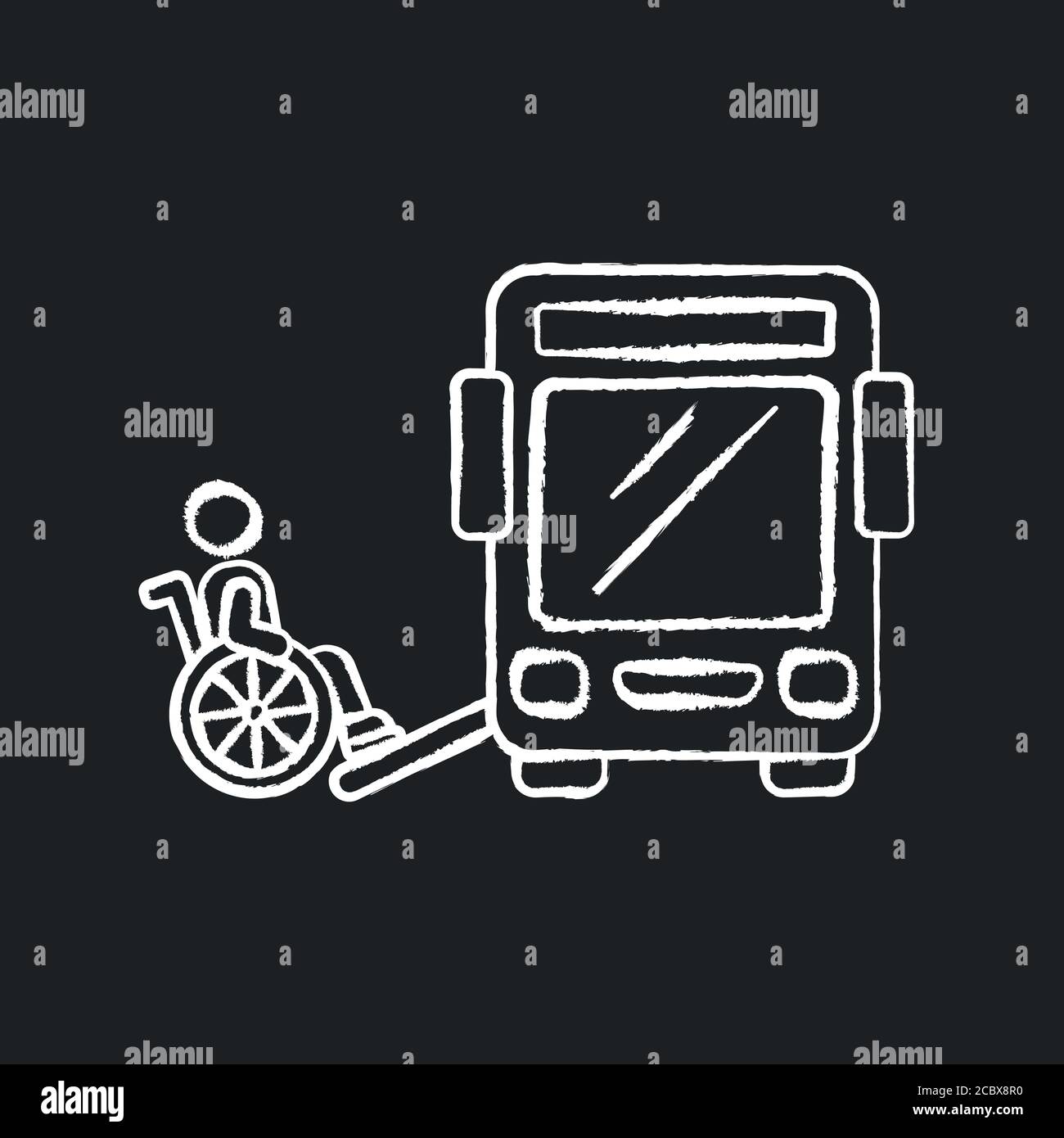 Bus ramp chalk white icon on black background. Bus wheelchair ramp. Vertical platform lift. Accessibility device. Convenient public transport. Isolate Stock Vector