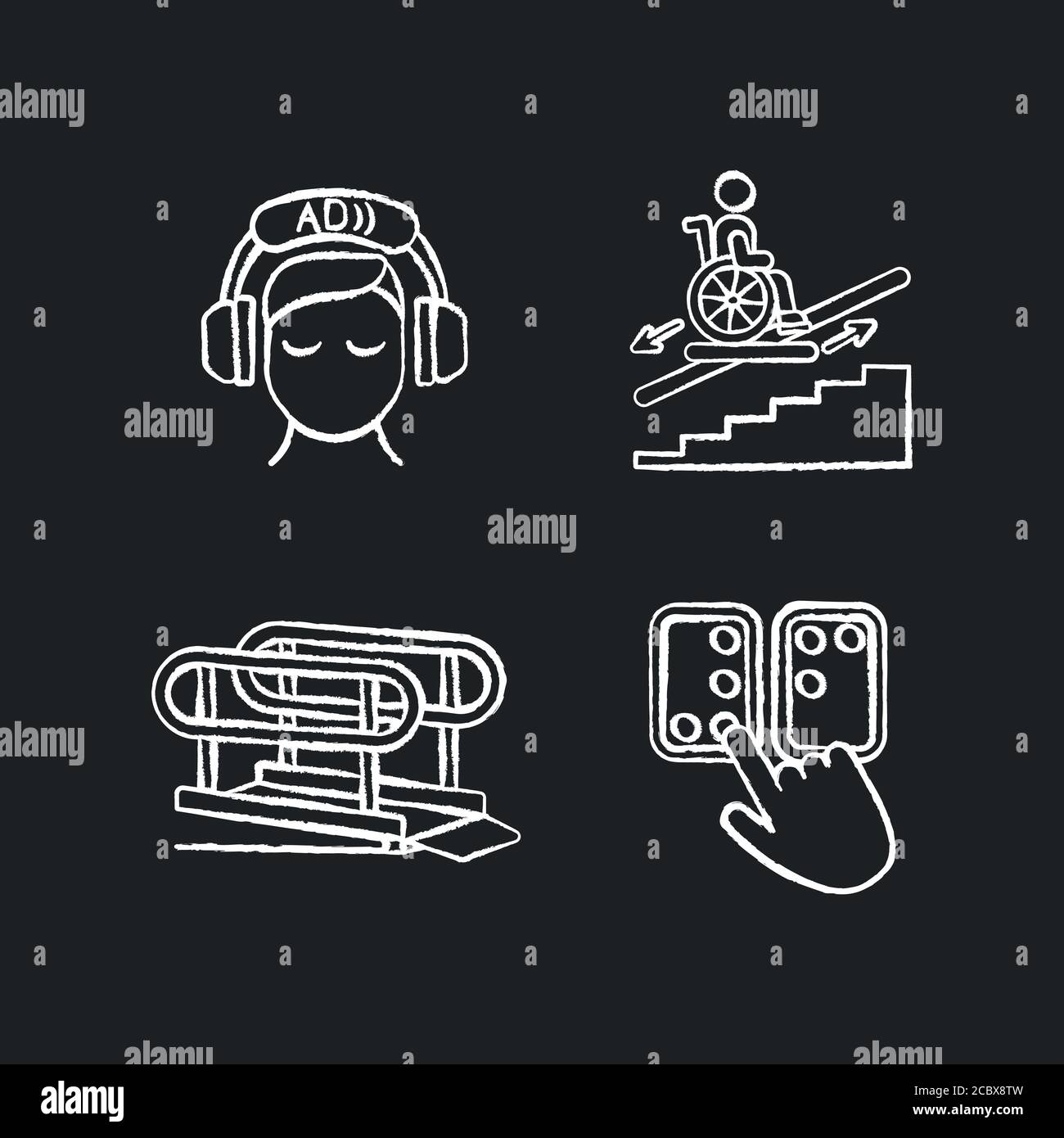 People with disabilities facilities chalk white icons set on black background. Braille code. Video description. Wheelchair platforms and stairlifts. I Stock Vector