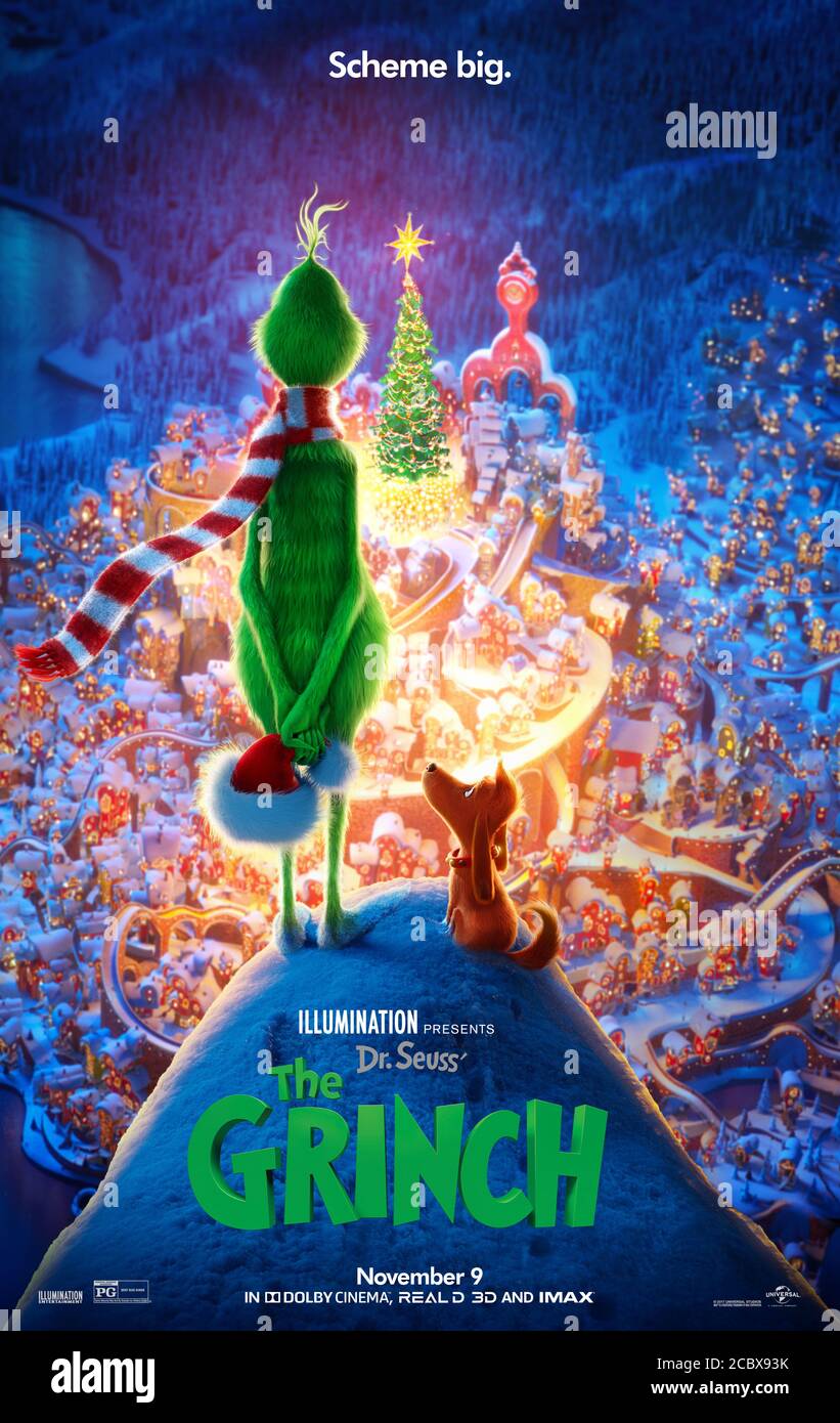 The Grinch (2018) directed by Yarrow Cheney and Scott Mosier and starring Benedict Cumberbatch, Cameron Seely and Rashida Jones. Animated adaptation of Dr. Seuss' classic holiday story about a grumpy creature who tries to steal Christmas. Stock Photo