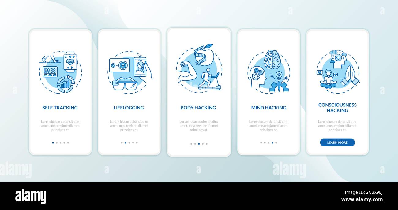 Biohacking elements onboarding mobile app page screen with concepts ...