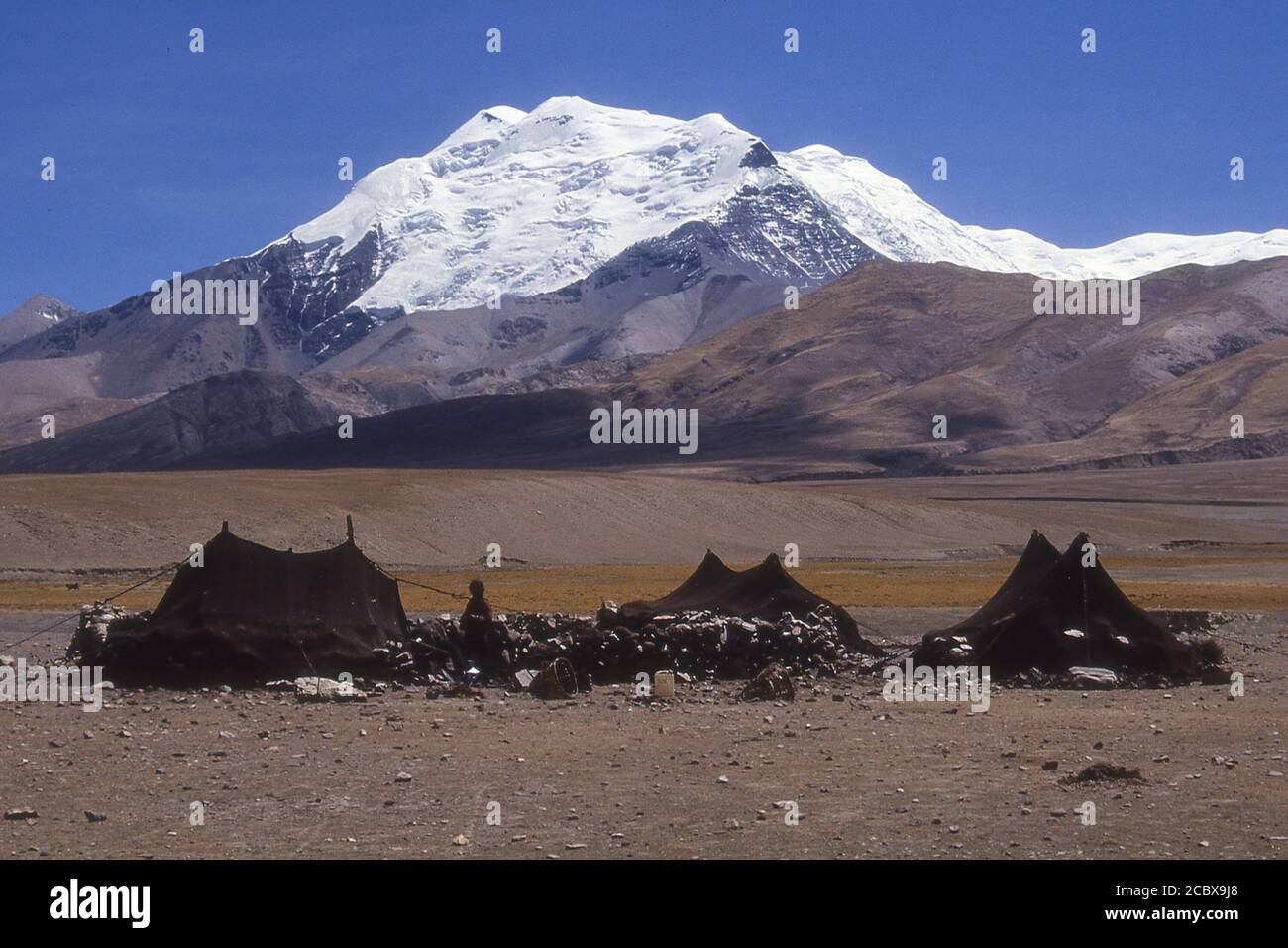 TIBET - NOMADS TENTS IN FRONT OF SNOW COVERED MOUNTAIN. Stock Photo