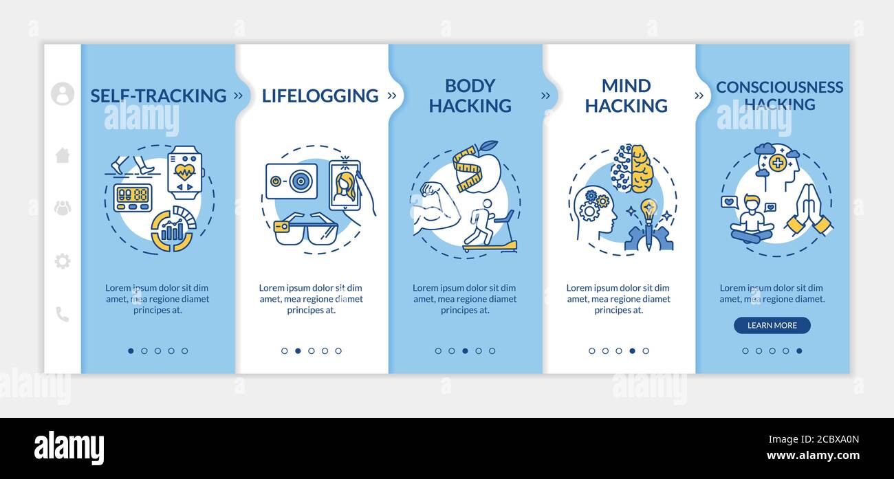 Biohacking elements onboarding vector template. Self tracking, lifelogging. Physical and mental improvement. Responsive mobile website with icons. Web Stock Vector