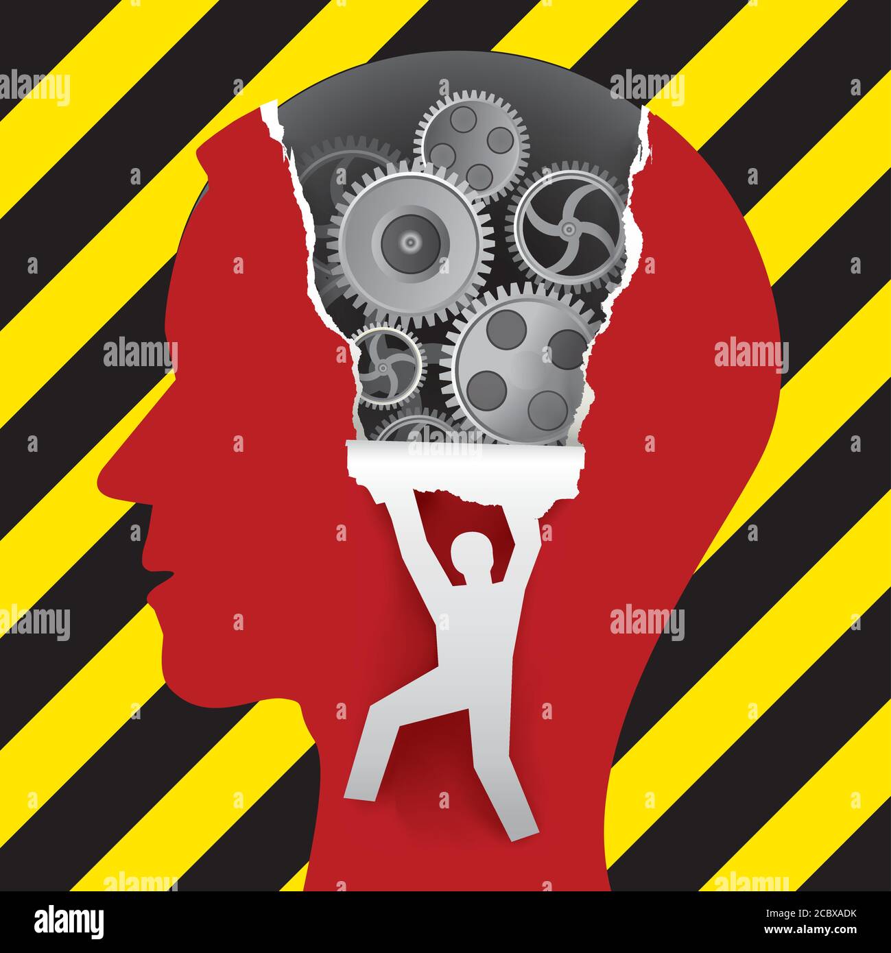 Male Head under construction, psychology concept Male head in profile with gear and male silhouette ripping paper background. Vector available Stock Vector