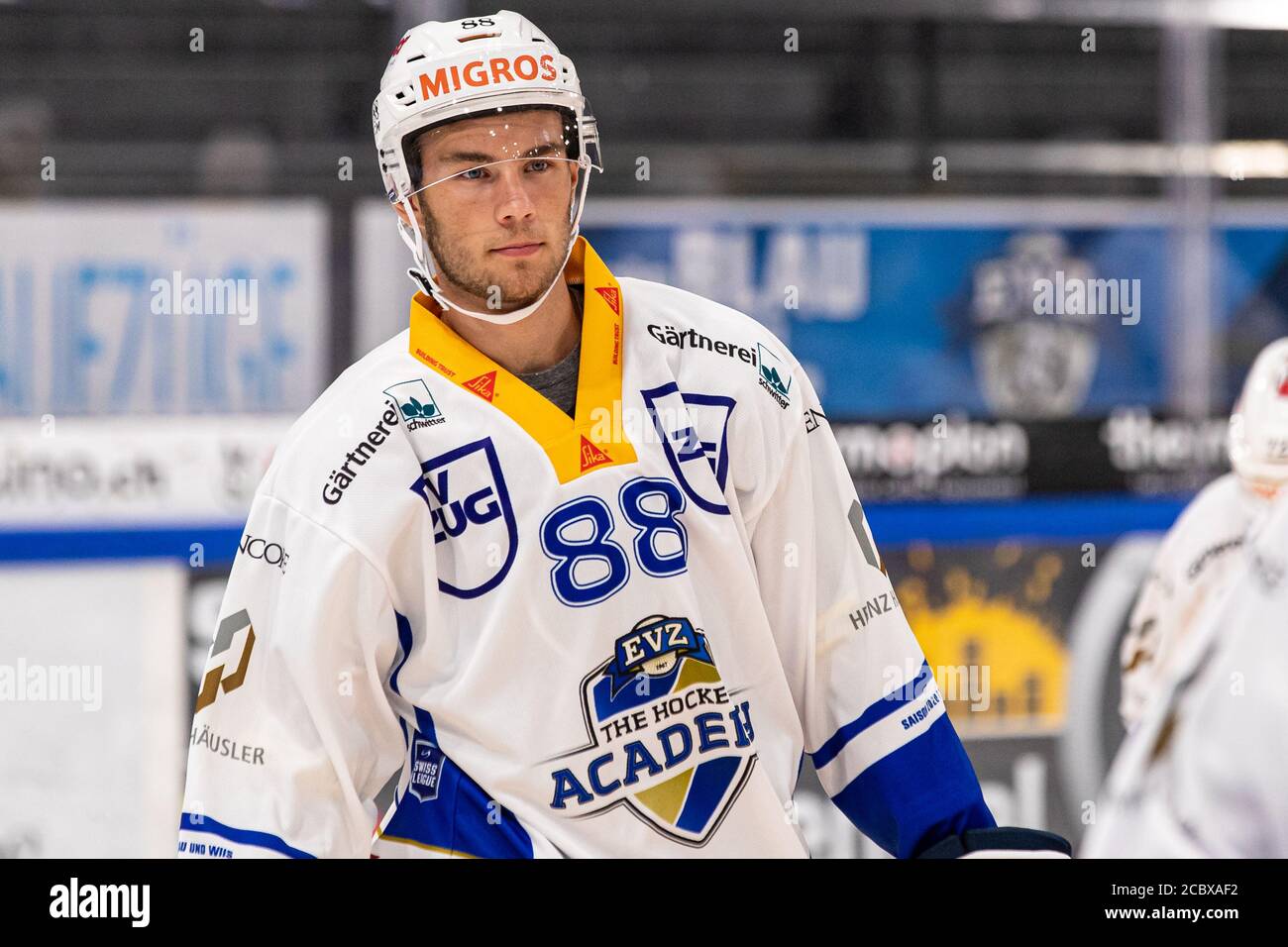 Anton Gradin # 88 (EVZ Academy) during the National and Swiss League preparation ice hockey game between EV Zug and EVZ Academy on August 16, 2020 in the Bossard Arena in Zug. Credit: SPP Sport Press Photo. /Alamy Live News Stock Photo