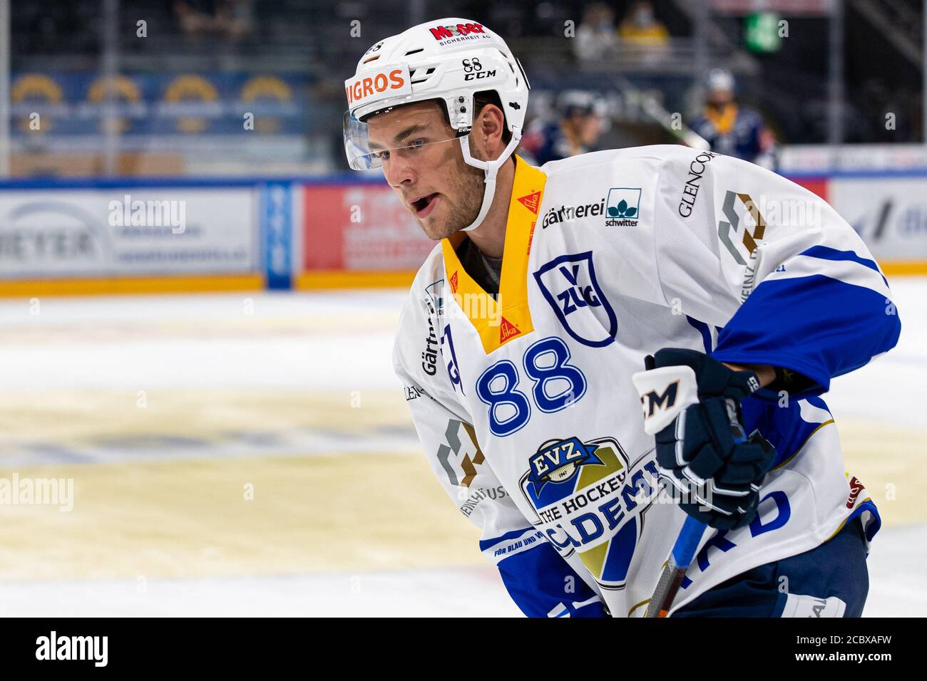 Anton Gradin # 88 (EVZ Academy) during the National and Swiss League preparation ice hockey game between EV Zug and EVZ Academy on August 16, 2020 in the Bossard Arena in Zug. Credit: SPP Sport Press Photo. /Alamy Live News Stock Photo