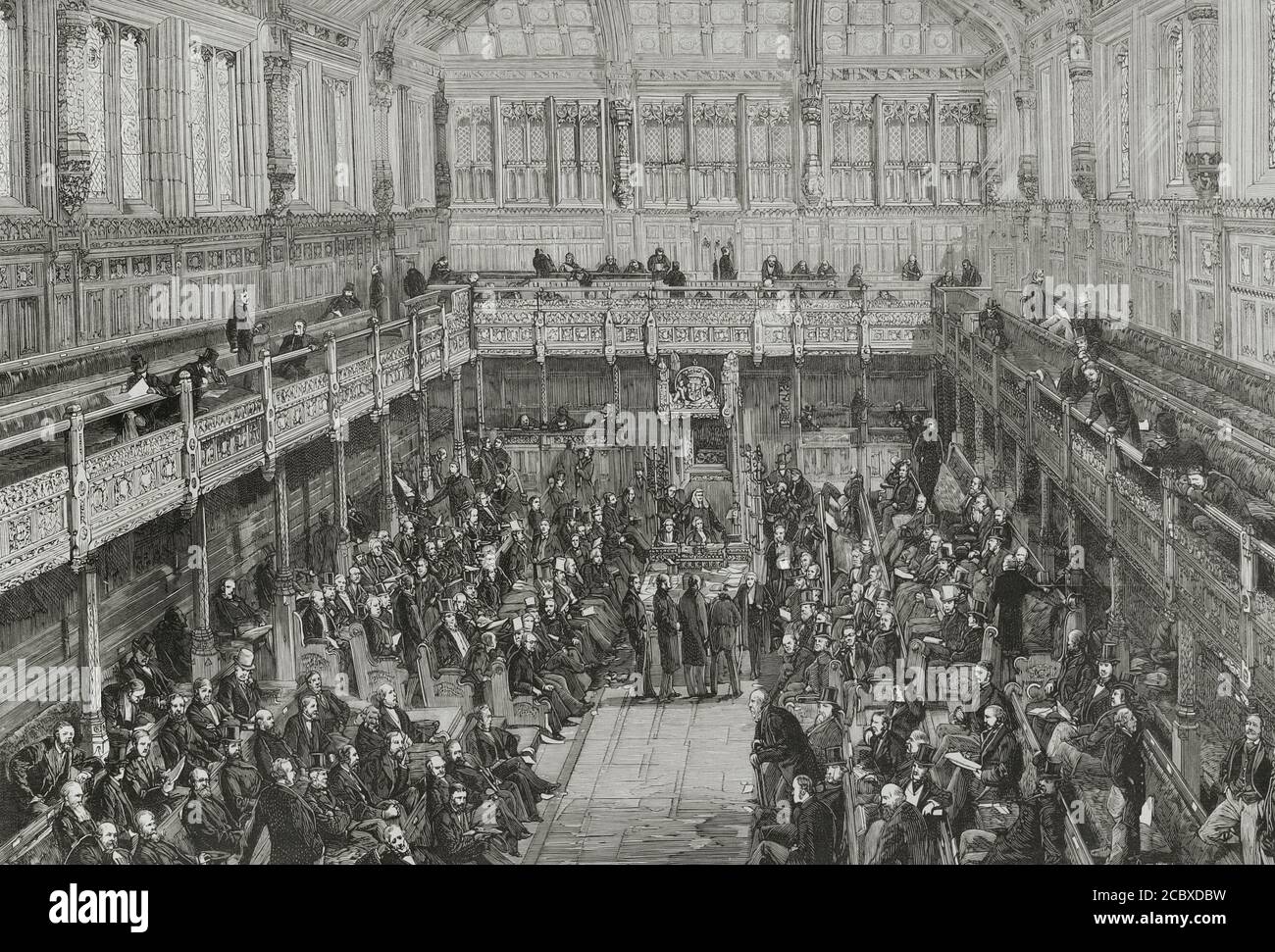 England, London. The House of Commons during the 72-hour session on the ocassion of the discussion about the Bill, on coercive measures in Ireland. The Members of Parliament supporting the Gladstone government on the one hand, and the supporters of the Irish Land League on the other, led by their leader in Parliament, Mr Parnell. Engraving. La Ilustracion Española y Americana, 1881. Stock Photo