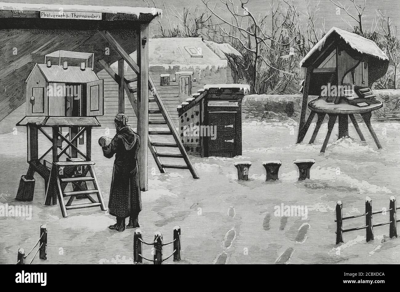 England. Royal Observatory, Greenwich. It was founded for navigational purposes by King Charles II in 1675. New procedure to obtain photographs of thermometer alterations. Engraving. La Ilustracion Española y Americana, 1881. Stock Photo