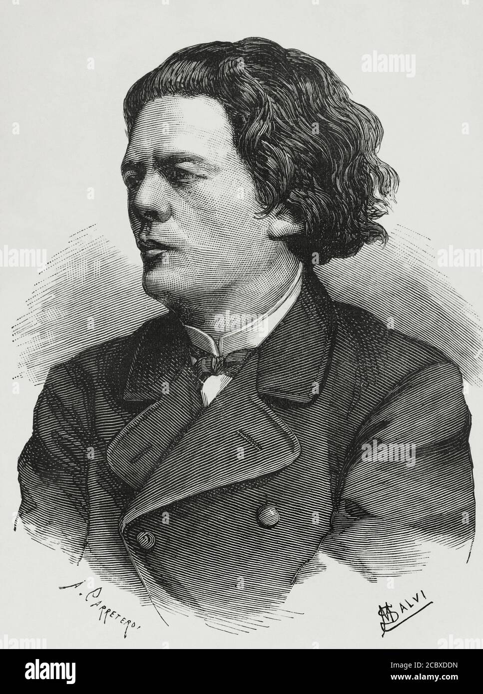 Anton Rubinstein (1829-1894). Russian composer and pianist. Portrait. Illustration by Salvi. Engraving by Carretero. La Ilustracion Española y Americana, 1881. Stock Photo