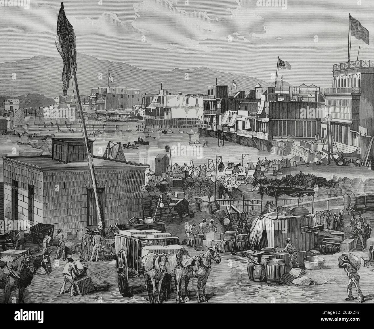 The occupation of Peru's capital, Lima (January 17, 1881 - October 23, 1883), during the Chilean military government, following Peruvian land defeats in the War of the Pacific (1879-1883).  'Callao de Lima. Evacuation of the city of the foreign nationals because of the approach of the Chilean squadron'. Chile's forces occupied Lima in January 1881. Engraving. La Ilustracion Española y Americana, 1881. Stock Photo