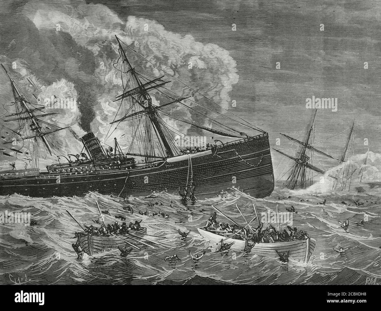 Shipwreck of the steamers León (Spanish) and Harelda (English) in the waters of the Bay of Biscay, at 2:00 a.m. on 7 January 1881, following a collision between the two ships. Maritime tragedy with a total of 23 missing. Illustration by Monleón, Engraving by Tomás Carlos Capuz (1834-1899). La Ilustracion Española y Americana, 1881. Stock Photo