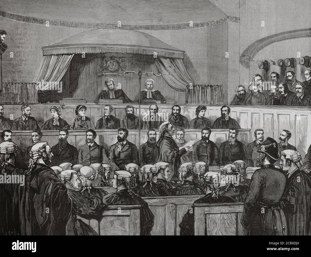 Ireland, Dublin. Proceedings against the heads of the 'Irish Land League' (1879-1882), organisation formed during the agrarian depression to demand tenant rights and the reform of country's landlord system under British rule, founded in October 1879 by Michael Davitt. First hearing in court. The 'attorney' reading the indictment. Presiding over the court, judges Mr. Fitzgerald (president) and Mr. Barry. The defendants in the second row of seats. On the right, the jury. Engraving. La Ilustracion Española y Americana, 1881. Stock Photo