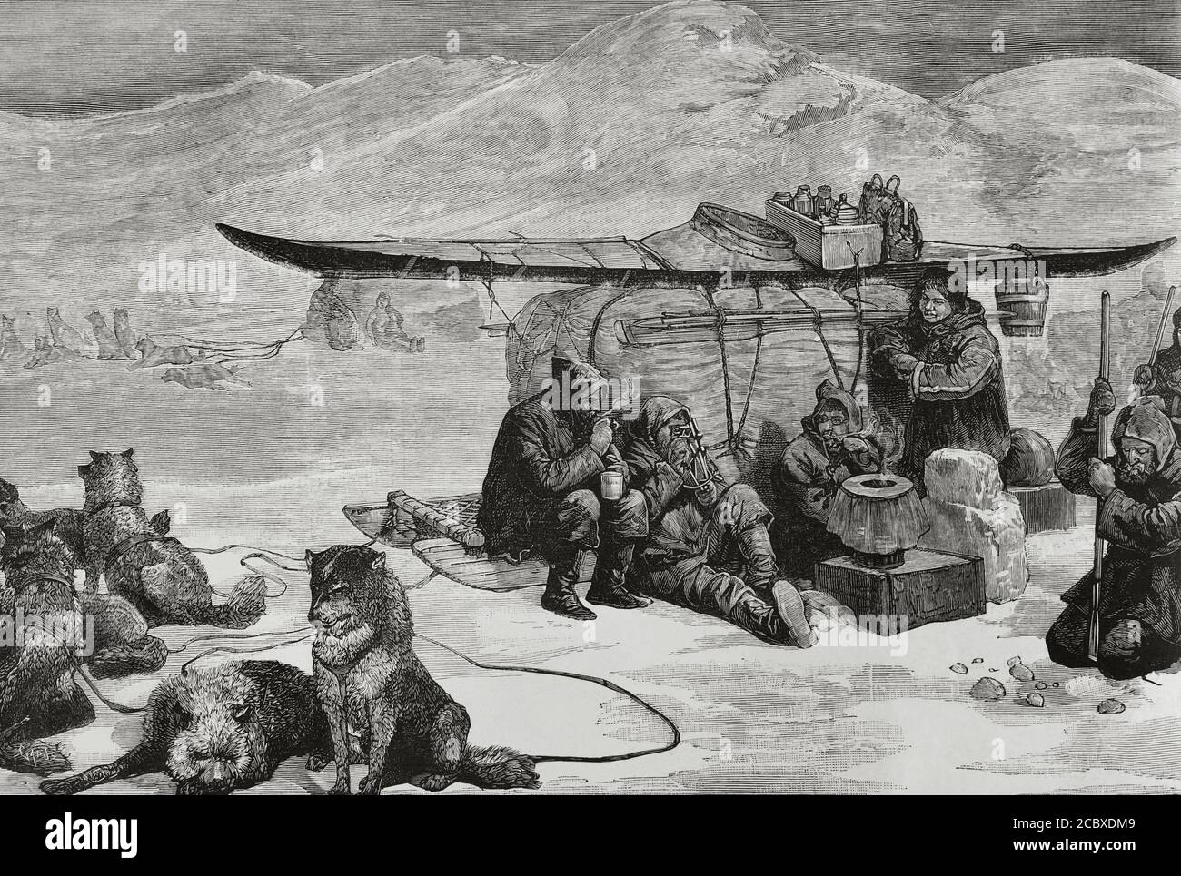 Captain Sir John Franklin's lost expedition to the Canadian Arctic, that departed from England in 1845, tragically ended with the death of all 129 crew members. The Admiralty launched a search for the lost expedition in 1848. Expedition in search of Franklin's remains. Expeditioners rest at the foot of Divide Mountain. Engraving. La Ilustracion Española y Americana, 1881. Stock Photo