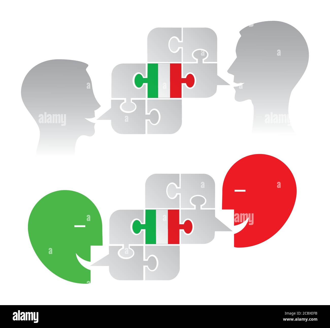 Italian lesson education concept. Illustration oftwo version of two stylized male haeds with puzzle speech bubble with italian flag. Vector available. Stock Vector