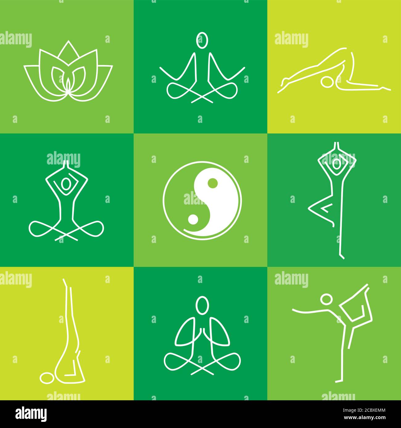 Yoga flat green icons.  Yoga line art icons set. Modern symbols for infographics or web use.Vector available. Stock Vector