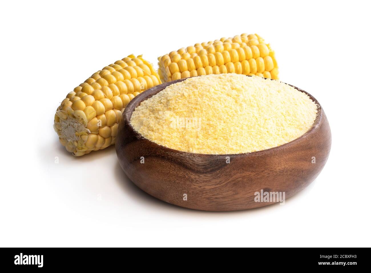 Corn maize meal in wooden bowl isolated on white Stock Photo - Alamy