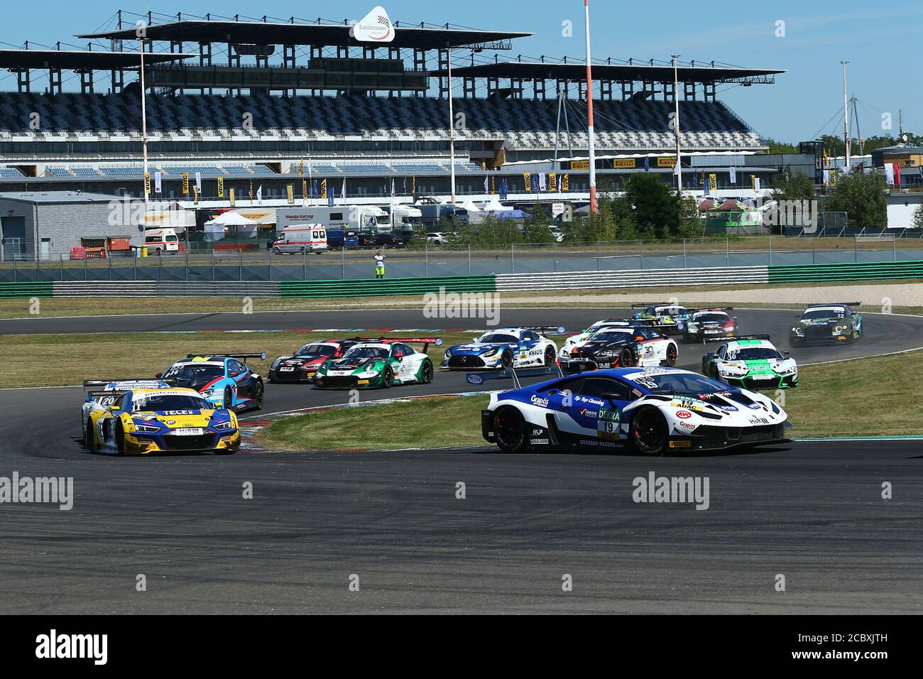 SCHIPKAU, GERMANY - AUGUST !: 19 N.Lagrange(BEL)/C.Schmid(AUT) GRT GRASSER RACING TEAM(AUT) Lamborghini Huracan GT3 EVO seen during the ADAC Motorsport on August 8, 2020 in Schipkau, Germany. Stock Photo