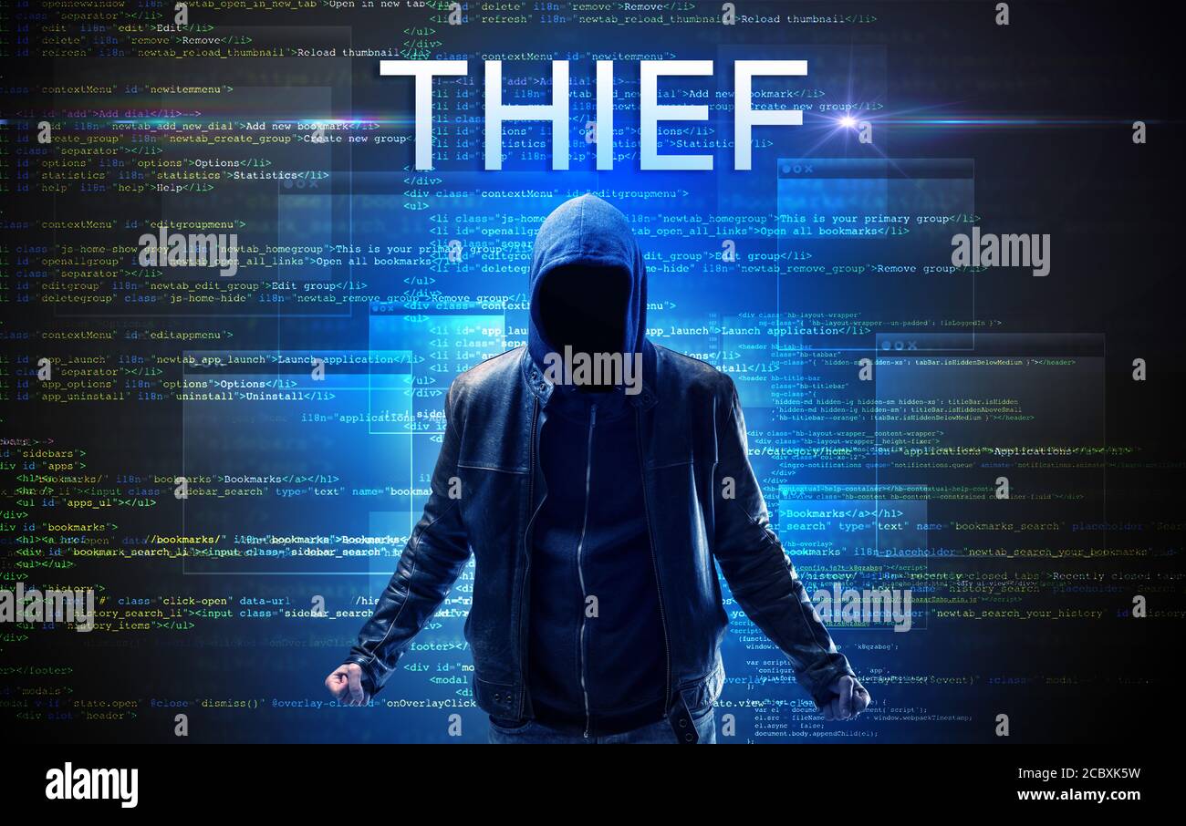 Faceless hacker with THIEF inscription on a binary code background Stock  Photo - Alamy