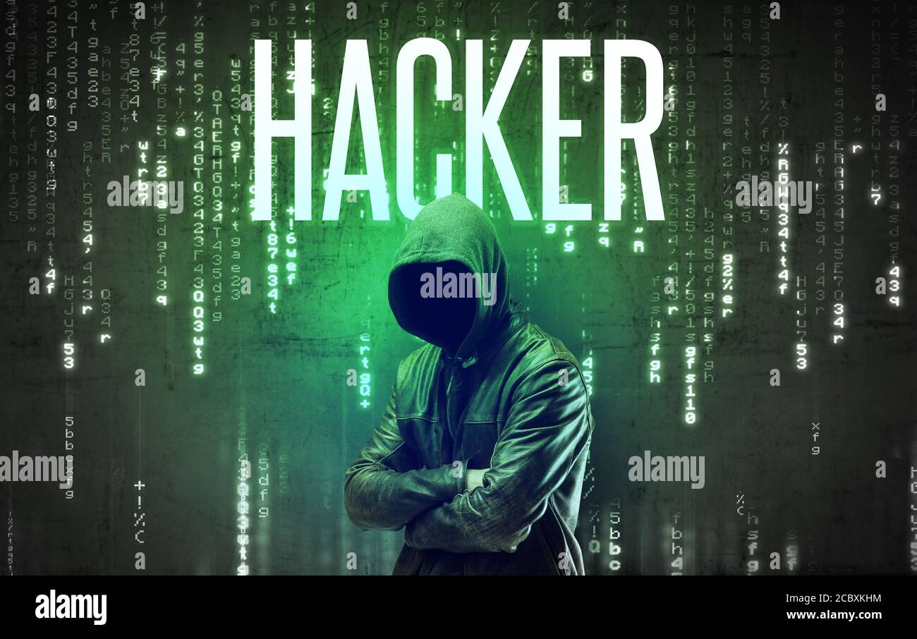 Faceless hacker with HACKER inscription, hacking concept Stock Photo