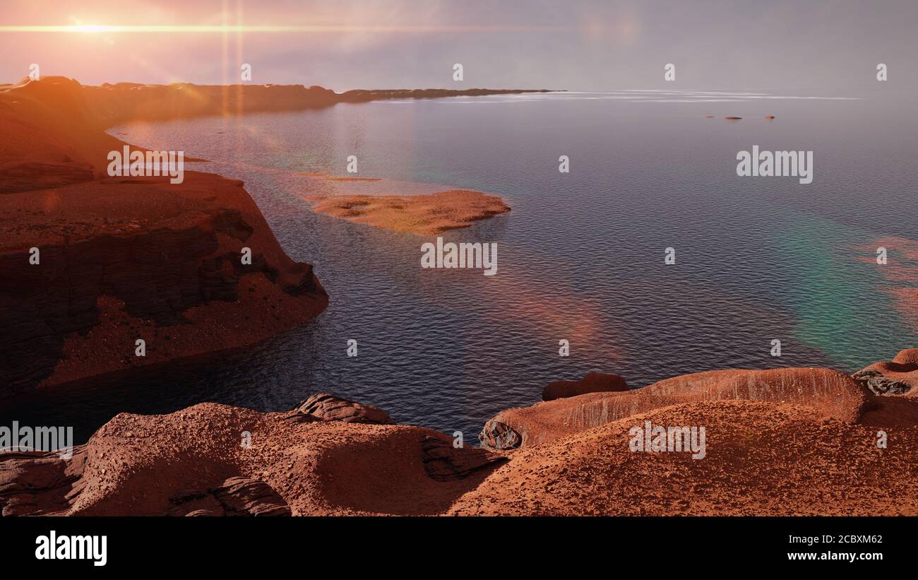 liquid water in early Martian landscape, Jezero crater on early planet Mars Stock Photo