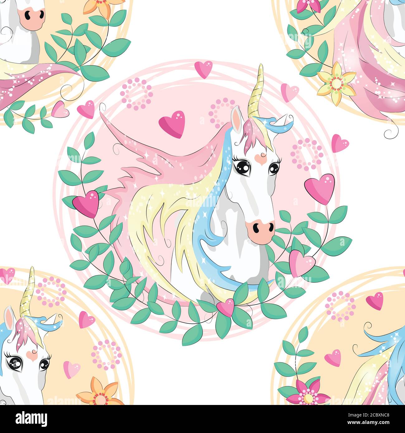 seamless pattern with cute unicorns, clouds,rainbow and stars. Magic ...