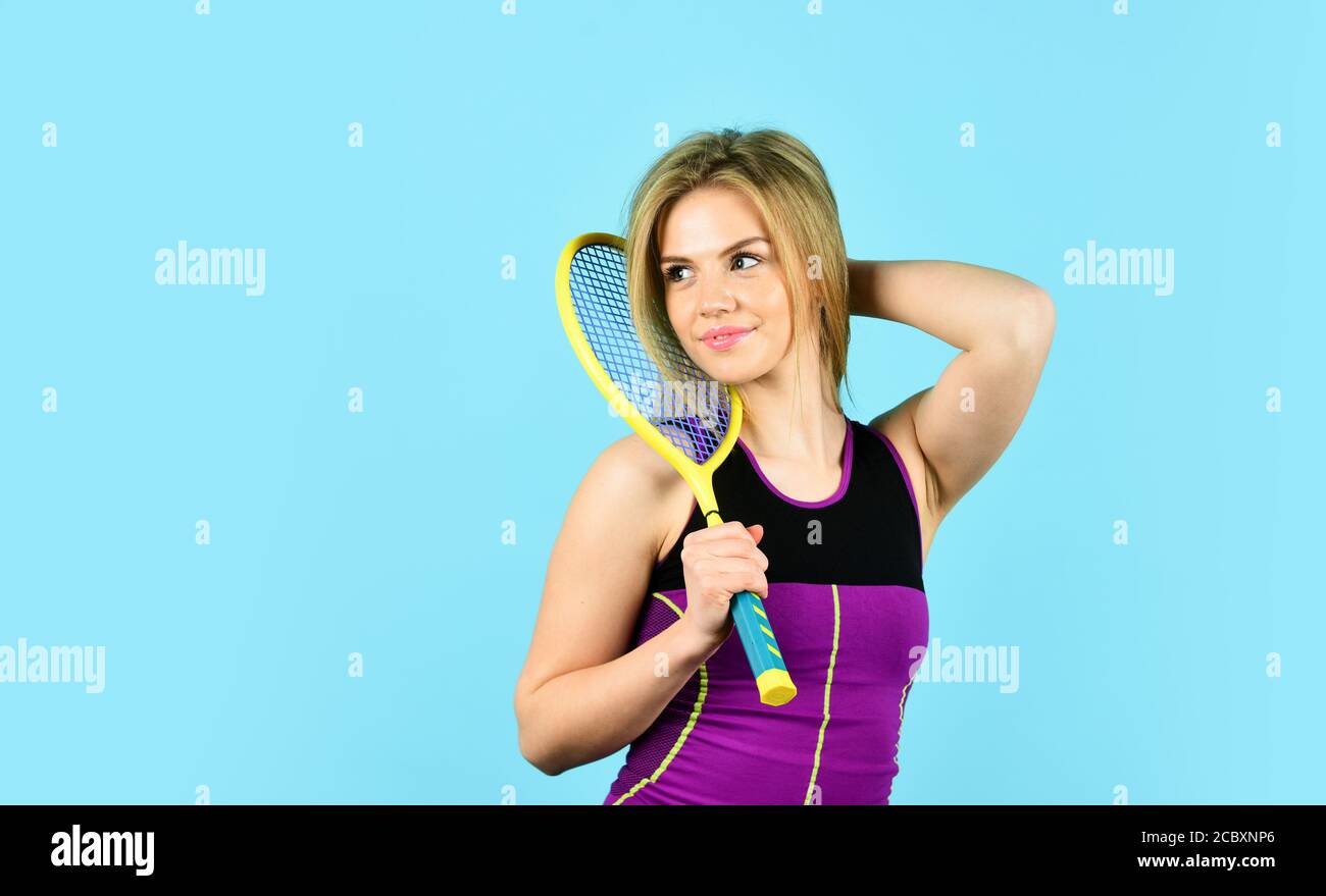 Smiling athletic girl hold tennis racket. In Pursuit of Good Health. Girl  tennis player. Sport competition. Squash game. Woman athlete play tennis  court. Scoring system. Racquet sports. Tennis club Stock Photo -
