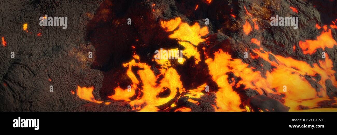 running lava, fiery magma flow, molten rock landscape Stock Photo