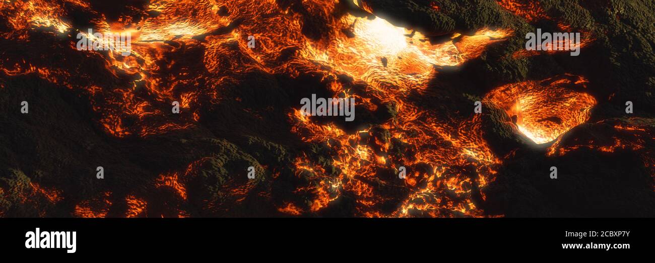 lava field, fiery magma flow, molten rock landscape Stock Photo
