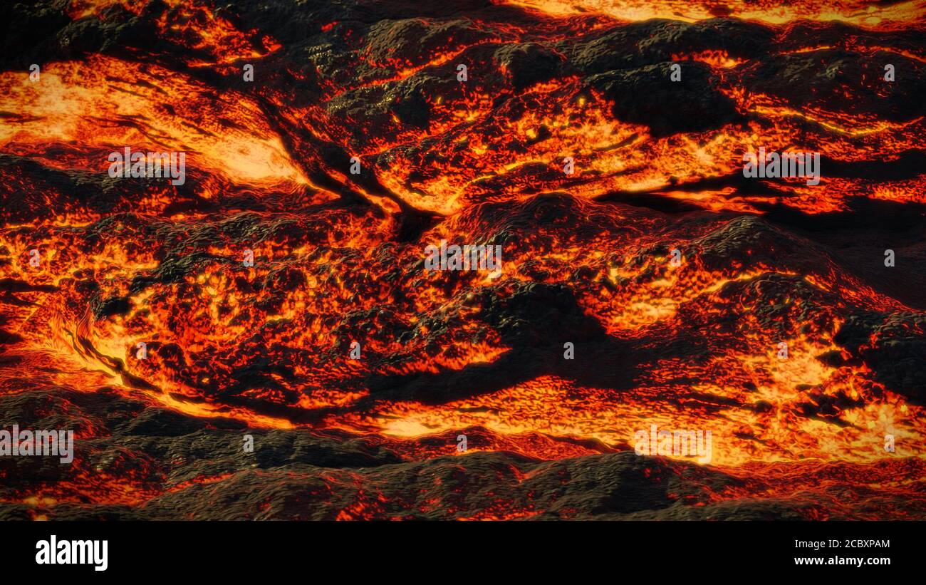 lava field, fiery magma flow, molten rock landscape Stock Photo