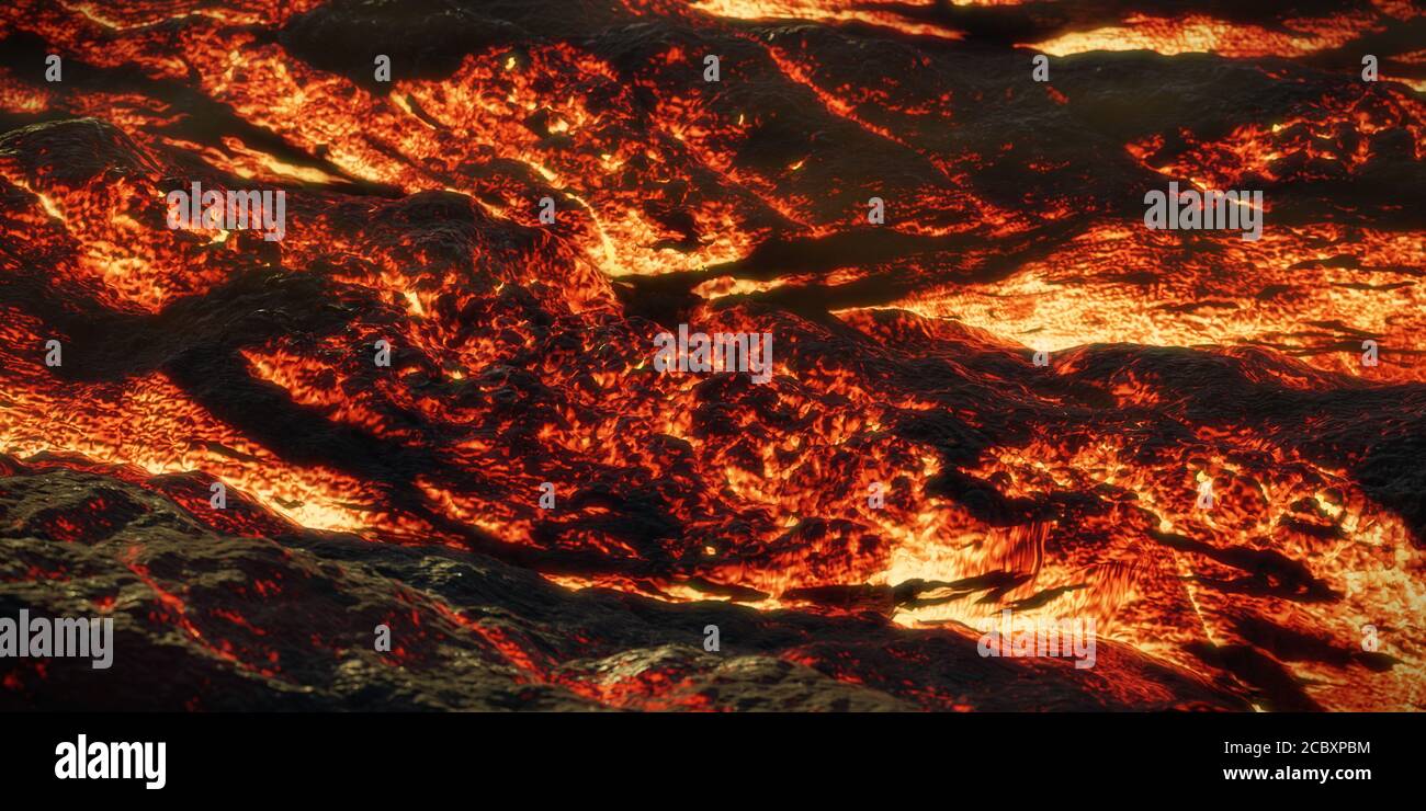 lava stream, fiery magma flow, molten rock landscape Stock Photo